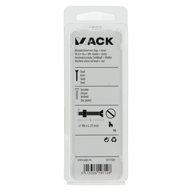 Mack 1017509 – Metallschraube verzinkt. Kopf + Mutter plattiert 9 Stück M6 x 25 mm | 10 Stück