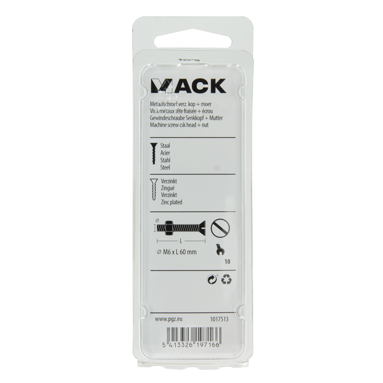 Mack 1017513 – Metallschraube verzinkt. Kopf + Mutter plattiert 5 Stück M6 x 60 mm | 10 Stück