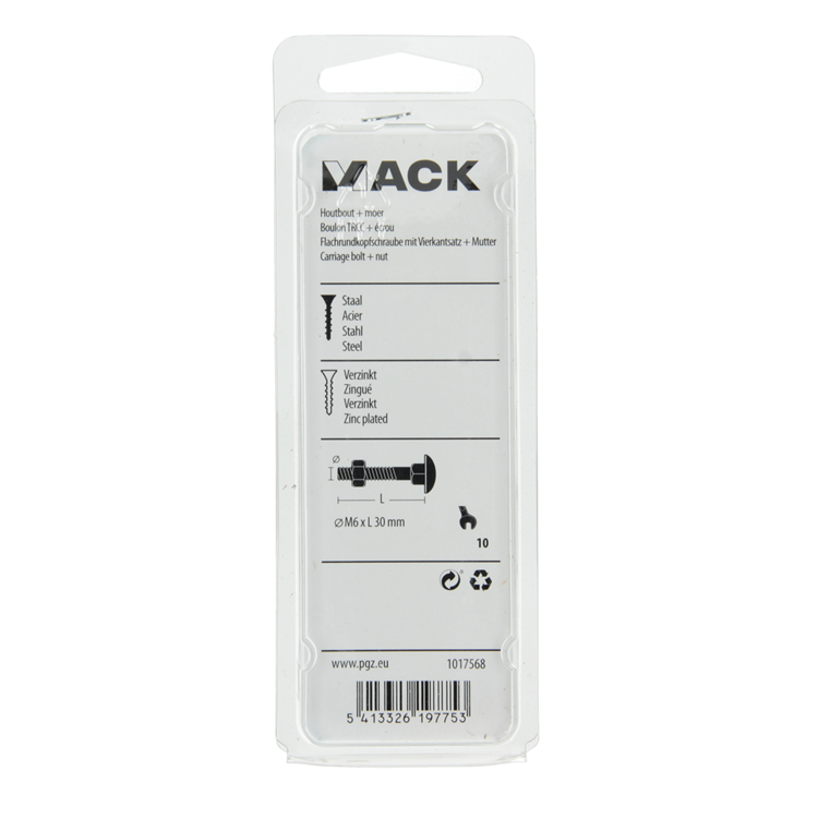 Mack 1017568 – Holzschraube + Mutter aus verzinktem Stahl, 8 Stück, M6 x 30 mm | 5 Stück