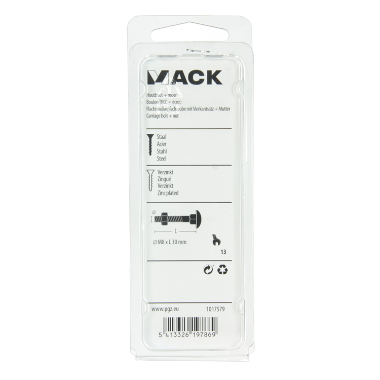 Mack 1017579 – Holzschraube + Mutter aus verzinktem Stahl, 6 Stück, M8 x 30 mm | 5 Stück