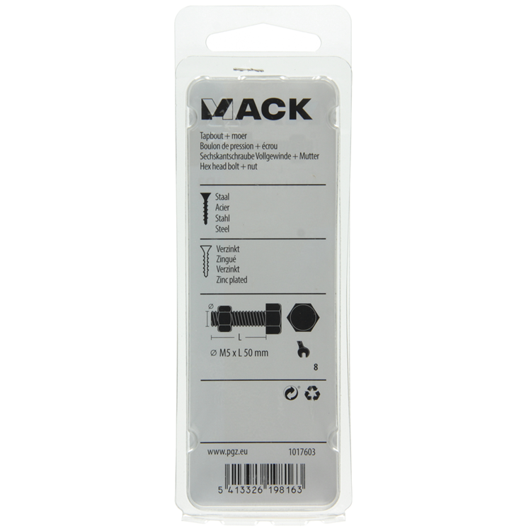 Mack 1017603 – Hahnschraube + Mutter aus verzinktem Stahl, 8 Stück, M5 x 50 mm | 10 Stück
