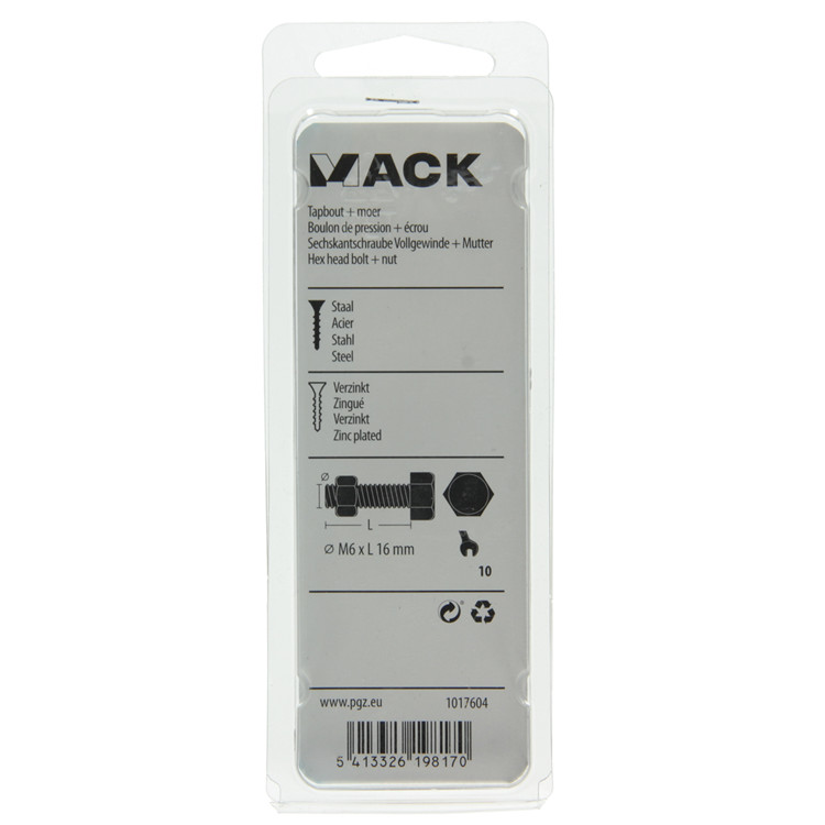 Mack 1017604 – Hahnschraube + Mutter aus verzinktem Stahl, 15 Stück, M6 x 16 mm | 10 Stück