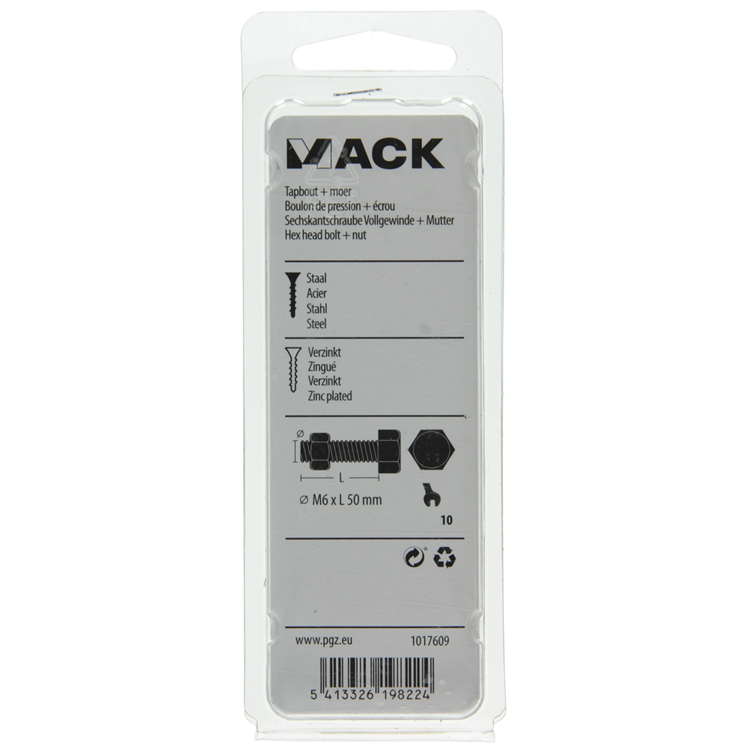 Mack 1017609 – Hahnschraube + Mutter aus verzinktem Stahl, 8 Stück, M6 x 50 mm | 5 Stück