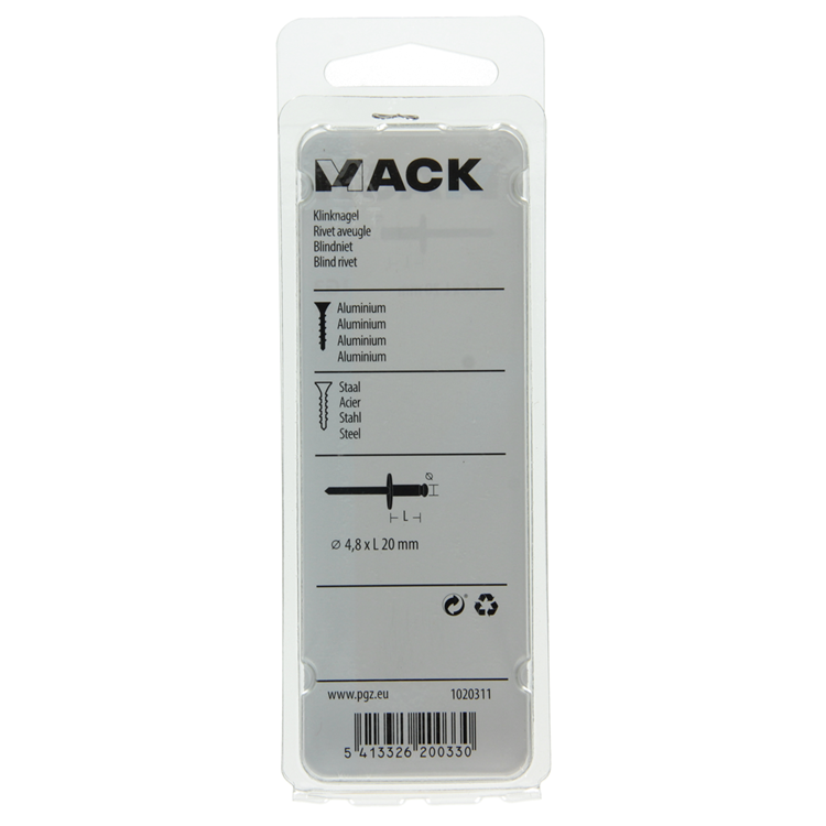 Mack 1020311 – 9 Blindklammern, Aluminium, breiter Kopf, 4,8 x 20 mm | 5 Stück