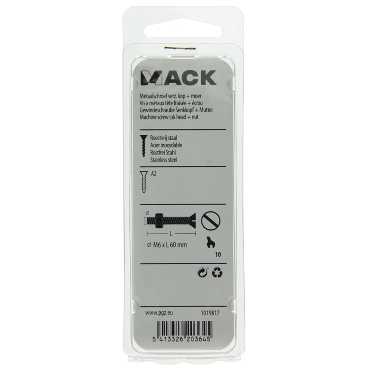 Mack 1019817 – Metallschraube verzinkt. Kopf + Mutter Edelstahl 2 Stk. M6x60 | 10 Stück