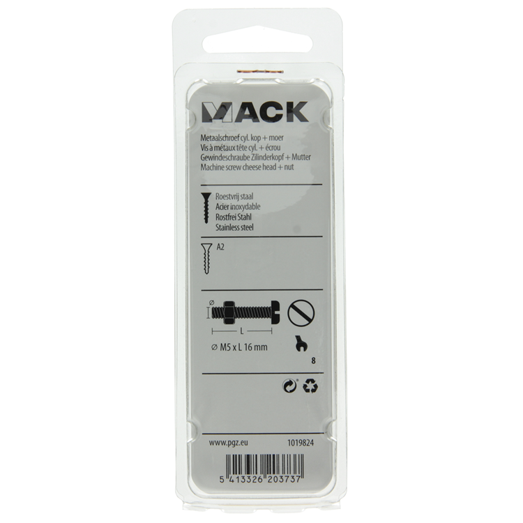 Mack 1019824 - metal screw cyl. Kopf + Mutter Edelstahl 8 Stk. M5x16 | 10 Stück