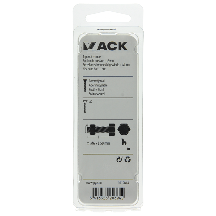 Mack 1019844 - Hahnschraube + Mutter Edelstahl 3 Stück M6x50 | 10 Stück
