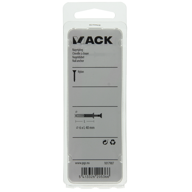 Mack 1017907 - Nylon-Nageldübel Polyamid 12 Stück 6 x 40 mm | 5 Stück