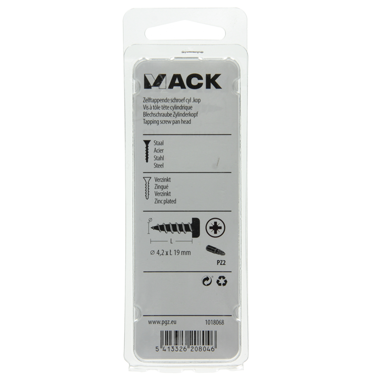 Mack 1018068 – selbstschneidende Schraube mit Zylinderkopf, verzinkt. 48 Stück 4,2 x 19 mm | 5 Stück