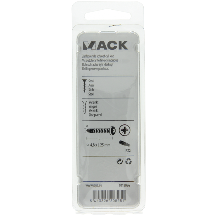 Mack 1018086 – selbstbohrende Schraube Zylinderkopf plattiert 55 Stück 4,8 x 25 mm | 5 Stück