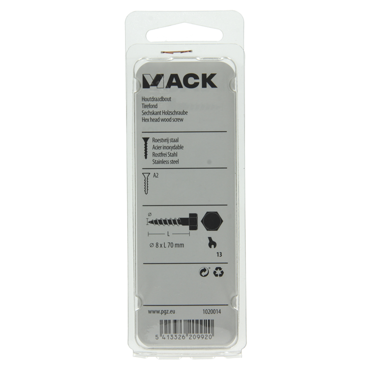 Mack 1020014 - Holzgewindebolzen Edelstahl 6 Stück 8 x 70 mm | 5 Stück