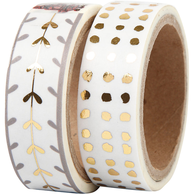 Vivi Gade Abdeckband, Herzen und Punkte – Folie, B: 15 mm, Gold, Weiß, 2x4 m 1 Box