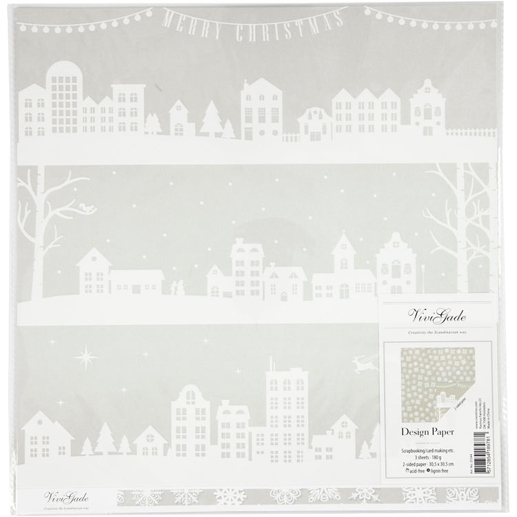 Vivi Gade Designpapier, Häuser und Schneeflocken, Blatt 30,5 x 30,5 cm, 180 g, 3 Blatt 1 Box