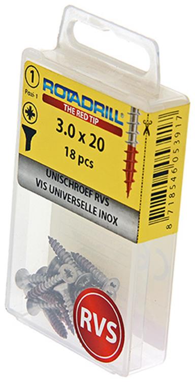Rotadrill 1039849 – Universalschraube VK PZD Edelstahl-A2 3,0 x 20 mm (18) | 6 Stück