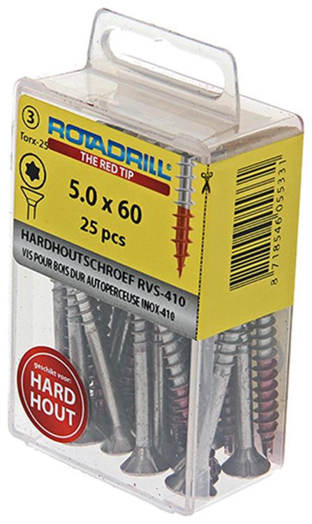 Rotadrill 1039905 – Hartholzschraube selbstschneidend sppls.edelstahl t25 5,0x60mm (25) | 6 Stück