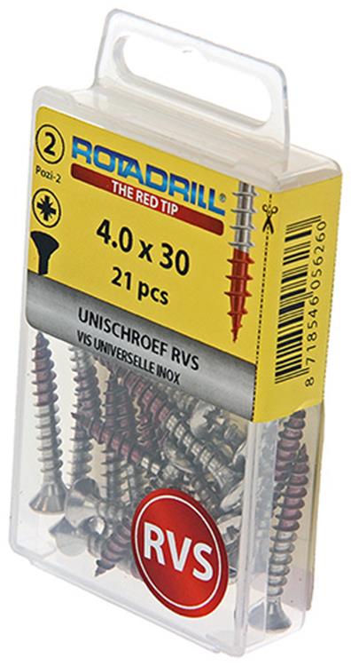 Rotadrill 1039873 – Universalschraube LK PZD Edelstahl-A2 4,0 x 30 mm (21) | 6 Stück