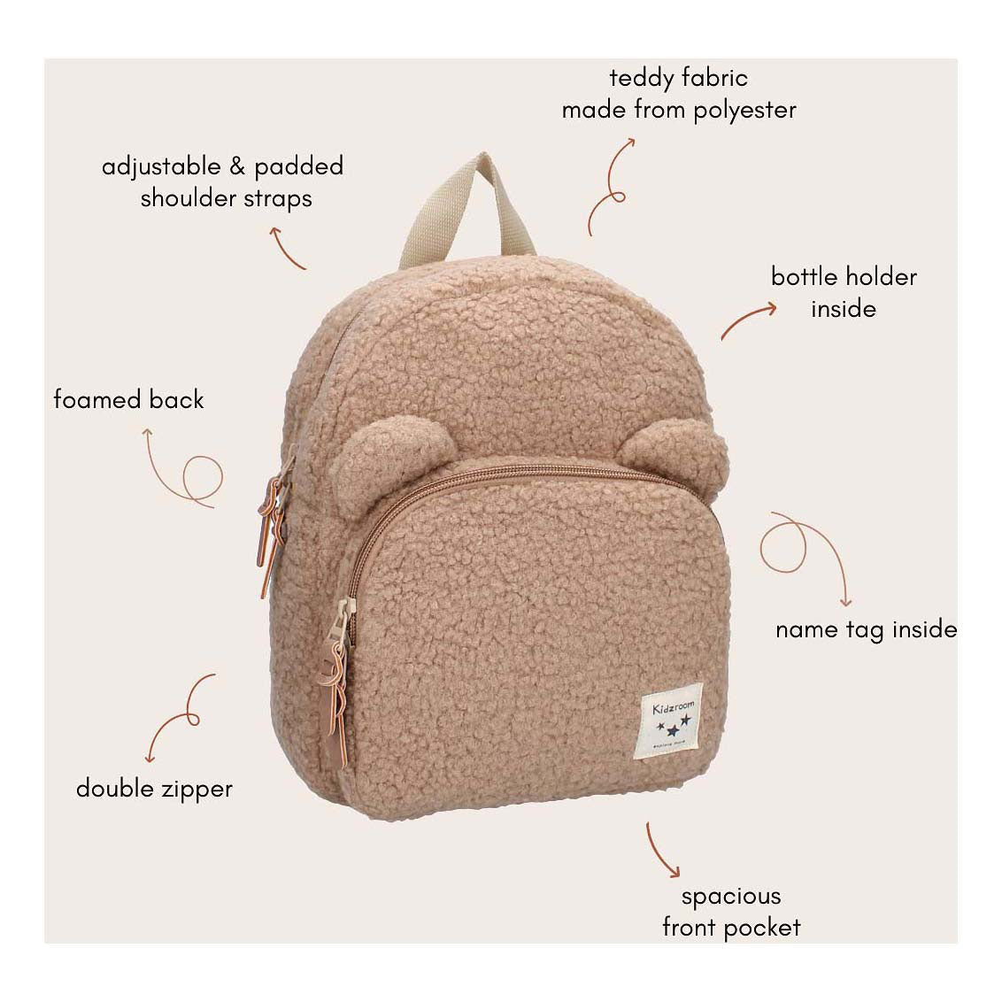 Kidzroom Porto Beary aufgeregter Schulbag Junior 6,5 Liter Beige
