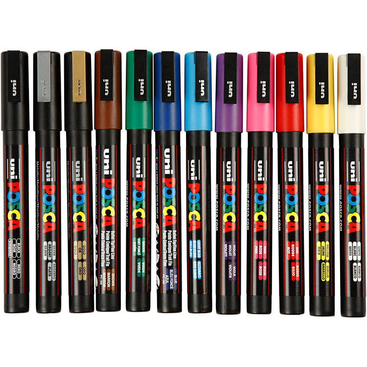 Uni-Posca Posca-Marker, Größe PC-3m, Strichbreite 0,9–1,3 mm, fein, verschiedene Farben, 12 Stück 1 Box