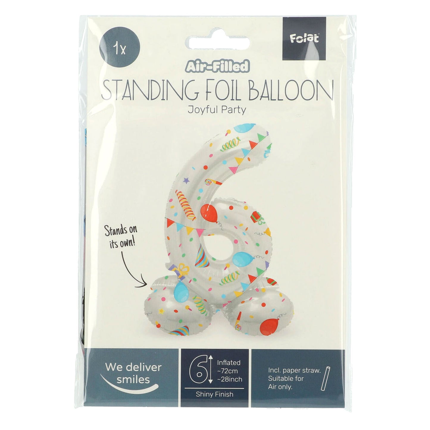 Stehende Folienballon freudiger Party Nummer 6 -72 cm