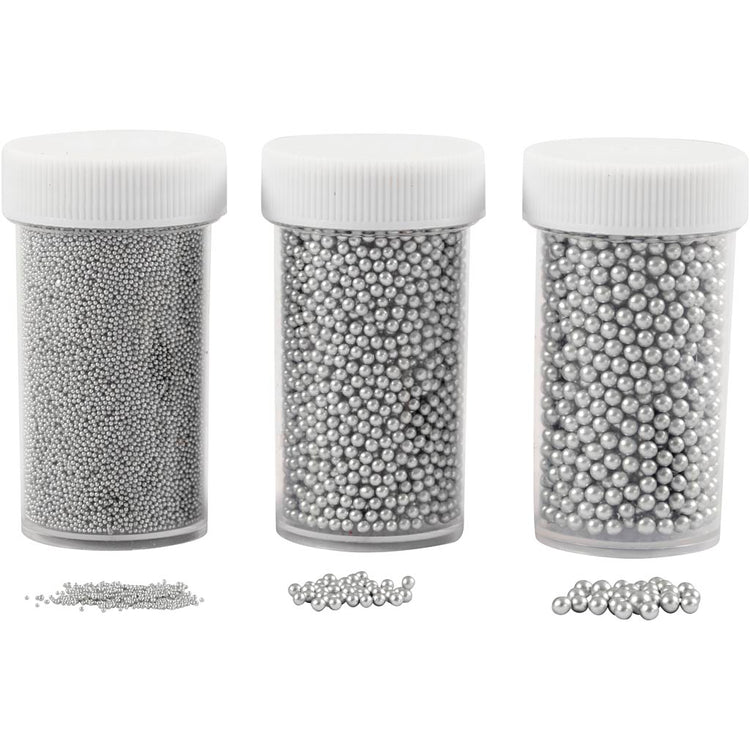 Creativ Company Mini-Glassteine, Größe 0,6-0,8+1,5-2+3 mm, Silber, 3x45 g 1 Box