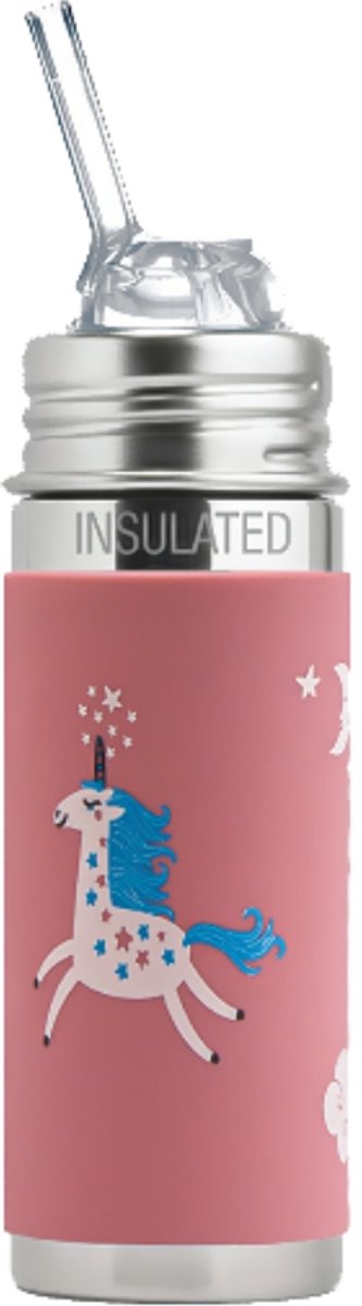 Pura Thermos-Strohhalmflasche Free Flow 260 ml – Thermoskanne – Thermosflasche – plastikfrei – mit Isolierwand – 2-fach verwendbar – medizinisches Qualitätssilikon – inklusive Free-Flow-Silikon-Strohhalm, Reisekappe und Bürste – Einhorn-Hülle