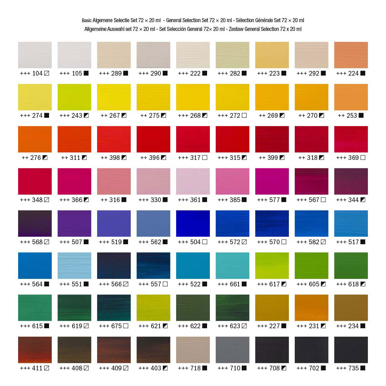 Bruynzeel Amsterdam Standard-Serie, allgemeines Auswahlset für Acrylfarben, 20 ml, 72 Stück.