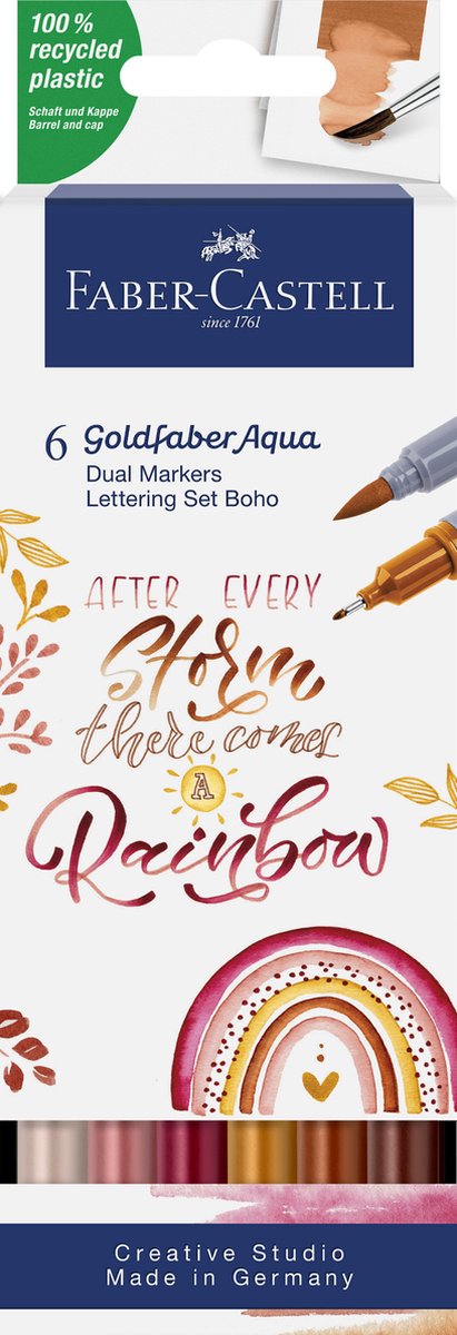 Faber-Castell – Duo-Aquarellmarker – Goldfaber – Etui 6 Stück – Boho-Schriftzug-Set – Pinsel 0,6 mm – FC-164518