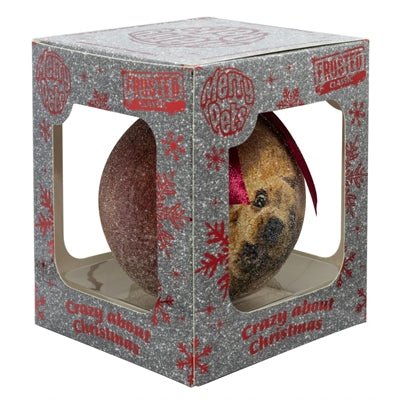 Viele Geschenke Weihnachtskugel gefrosteten verrückten Hund rot