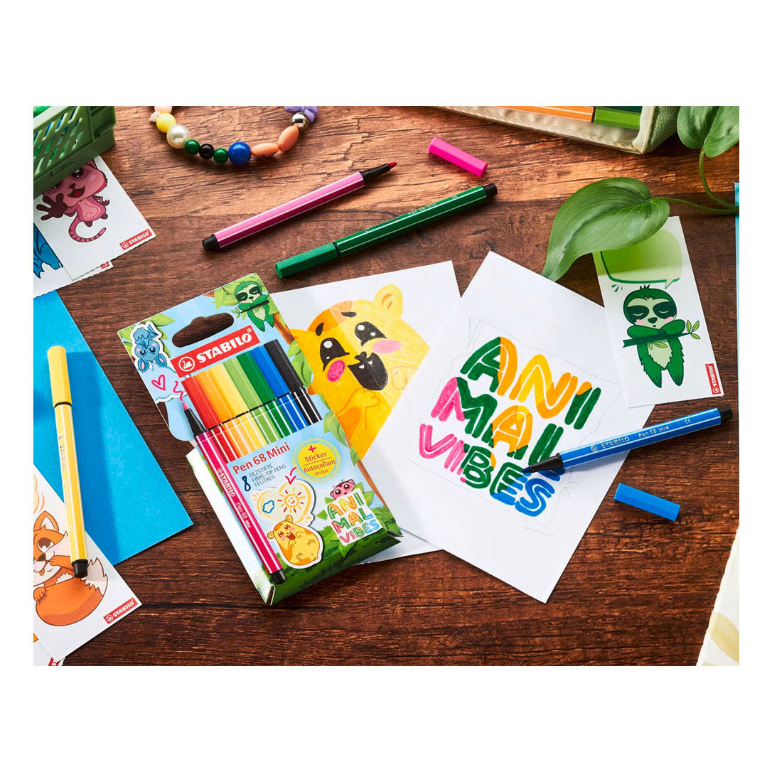Stabilo Pen 68 Mini – Premium-Filzstift – Animal Vibes – Etui mit 8 Farben + Aufkleber
