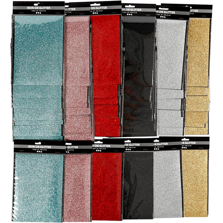 Creativ Company Bügelfolie, Blatt 148x210 mm, Glitzer, verschiedene Farben, 6x10 Blatt 1 Karton