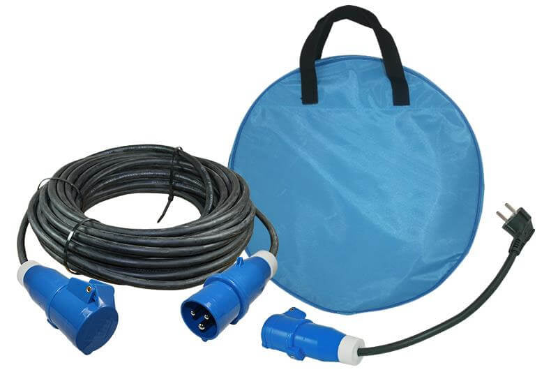 Ngk verleabel 25 Meter Neopren 3x 1,5mm² - CEE-Stecker und CEE-Buchse - mit französischem Adapterkabel - in Kabeltasche