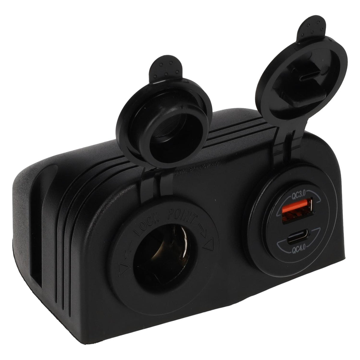Stromleitung 12-Volt-Uni-Steckdose und USB-A + USB-C-Ladegerät – Aufputzmontage