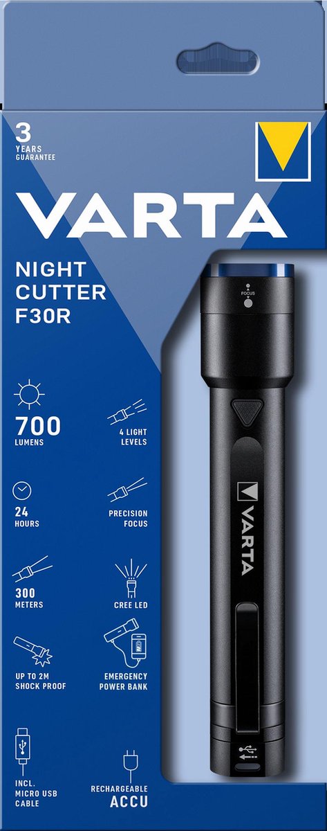 Varta Night Cutter F30R – LED-Taschenlampe und Powerbank – spritzwassergeschützt – 18901