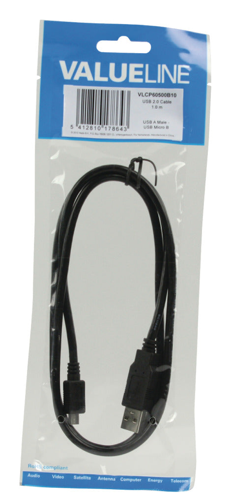 Valuelin Valueline VLCP60500B10 USB 2.0 USB Ein männliches USB -Mikro B Männliches Kabel 1,00 m Schwarz
