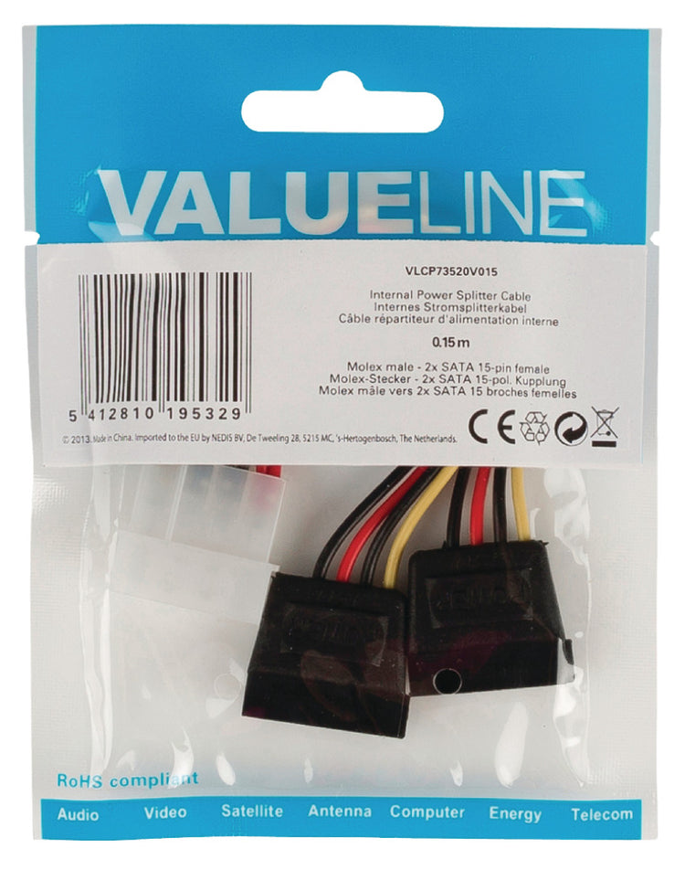Valuelin Valuelin VLCP73520V015 Interner Stroom-Splitter-Kabel Molex Männlich 2x Sata 15-polige Frau 0,15 m mehrfarbig gefärbt