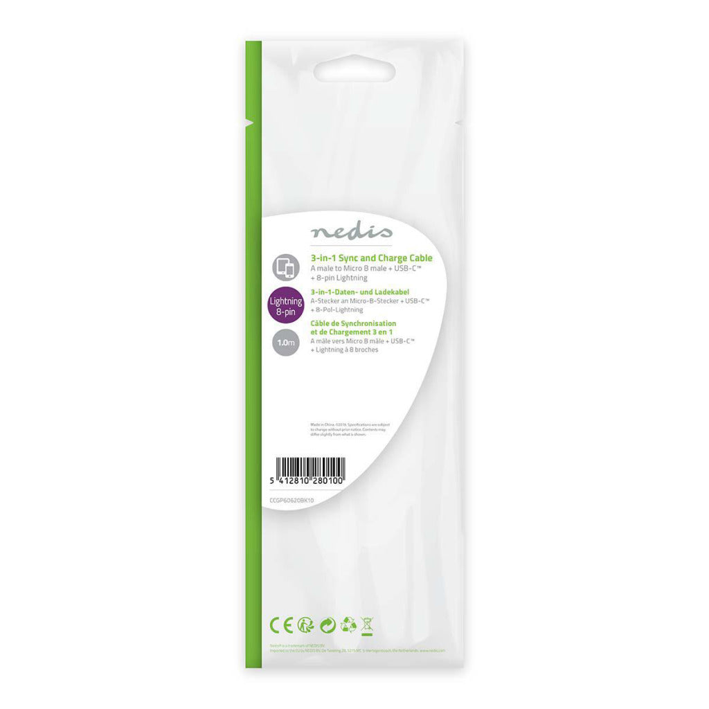 Nedis CCGP60620BK10 3-in-1-Synchronisation und Ladungskabel USB-A micale B männliche Typ-C-Blitz 8-Pins männlich 1,0 m Schwarz