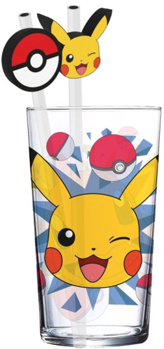 Stor Pokemon Pikachu Glasbecher mit 2 Strohhalmen