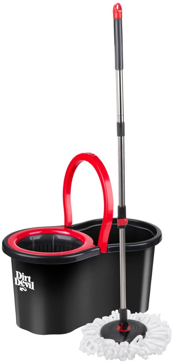 Dirt Devil Wischmopp-Set, Schleudermopp-Set – 360 Grad drehbarer Wischmopp – ausziehbare Stange – Edelstahlgriff – Eimer mit Auswringkorb – 16 Liter – Schwarz Rot