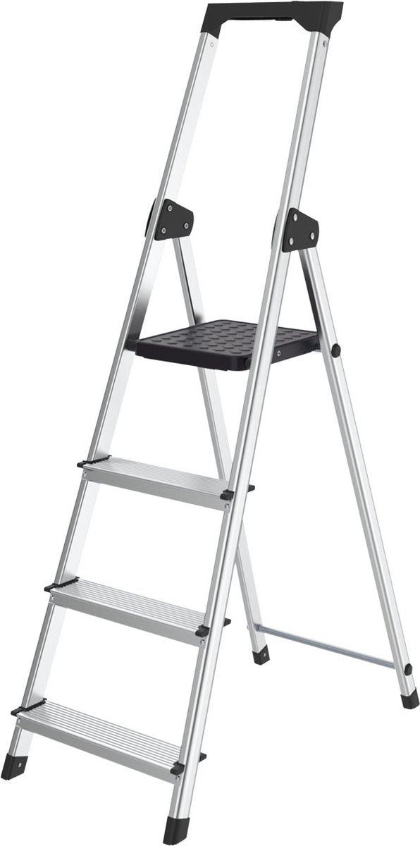 Brasq Haushaltstreppe 4 Stufen Silber – klappbare Küchentreppe aus Aluminium für den privaten und professionellen Einsatz – Treppenleiter – rutschfest