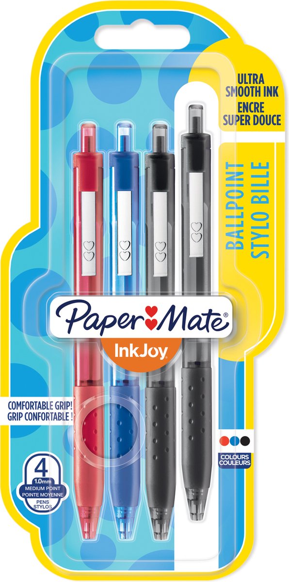 Paper Mate Inkjoy 300RT Kugelschreiber mit Druckknopf | mittlere Spitze (1,0 mm) | schwarz, blau und rot | 4 Stück