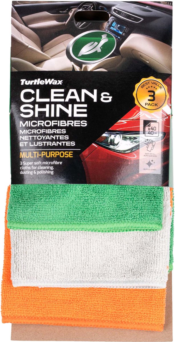 Turtle Wax Clean Shine Mikrofasern – Mischung aus Polyester und Polyamid – entfernt sicher Polituren, Wachse, Beschichtungen und Versiegelungen – für alle Klarlackoberflächen – maschinenwaschbar – 3 Stück – 40 x 60 cm