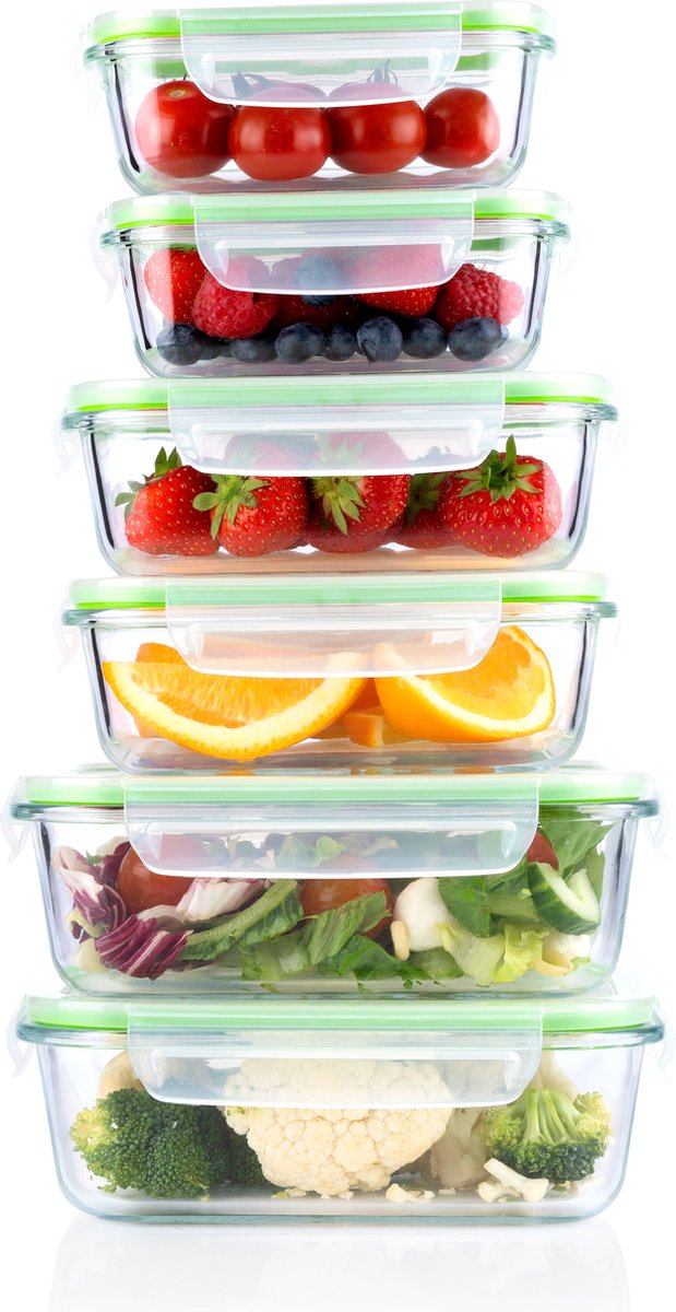 Alpina Lebensmittelbehälter aus Glas – Meal-Prep-Behälter – Gefrierbehälter 12-teiliges Set mit Deckel – 370 ml, 640 ml und 1050 ml – geeignet für Backofen, Gefrierschrank, Mikrowelle und Spülmaschine – Glas