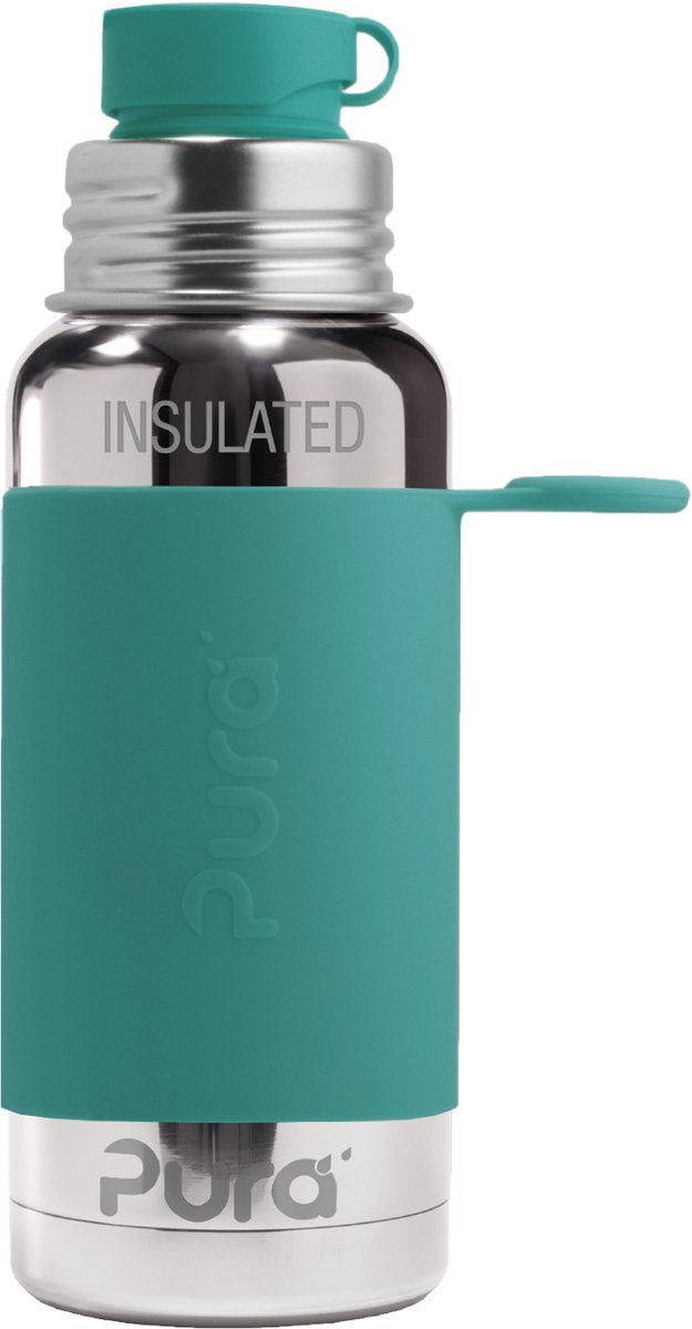 Pura Thermos-Sportflasche 475 ml – Thermoskanne – Thermosbecher – plastikfrei – mit Doppelwand – inklusive Sportkappe und Sporthülle – Oberteil ist austauschbar – Mint