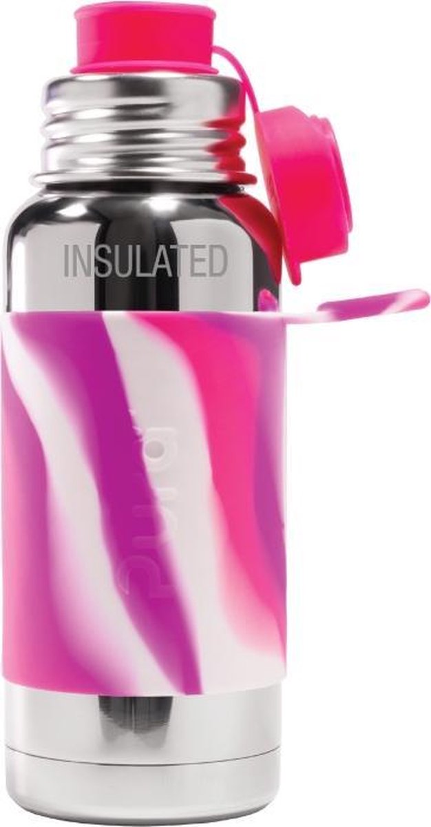 Pura Thermos-Sportflasche 475 ml – Trinkflasche – Wasserflasche – plastikfrei – rostet nicht – spülmaschinenfest – inklusive Sporthülle und Sportkappe – Oberteil ist austauschbar – vielseitig einsetzbar – Pink
