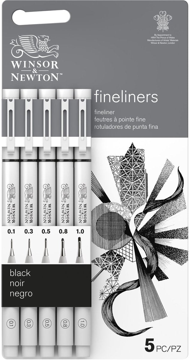 Winsor Newton Fineliner Set Schwarz – 5 Spitzengrößen (0,1–1,0 mm) – Wasserbeständige Pigmenttinte zum Zeichnen und Skizzieren