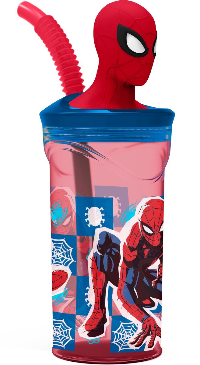 Stor Marvel's Spider-Man Trinkbecher mit Strohhalm – 360 ml – wiederverwendbar – mit 3D-Figur – BPA-frei – Trinkbecher für Kinder ab 4 Jahren – transparent rot