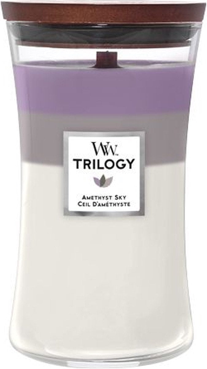 Woodwick Hourglass Trilogy große Duftkerze – Amethysthimmel – 130 Brennstunden
