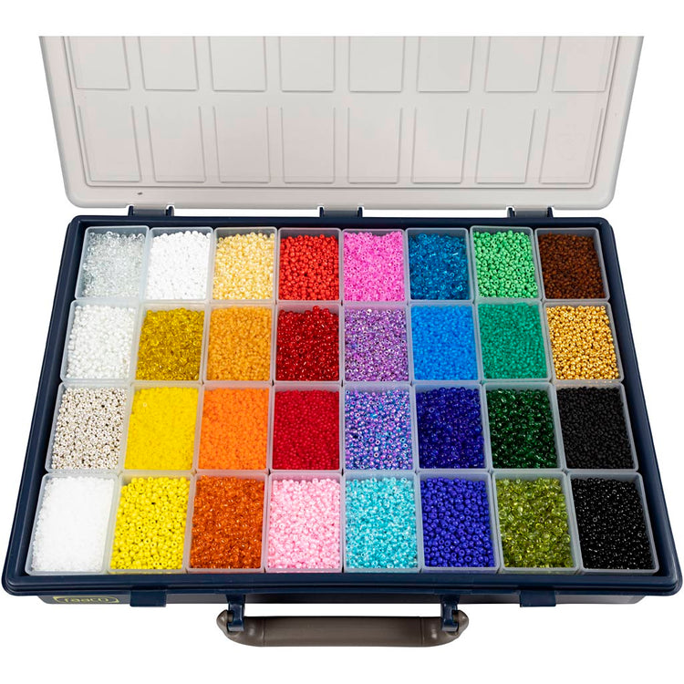 Creativ Company Rocailles, D 1,7+3+4 mm, Größe 6 0+8 0+12 0, Lochgröße 0,5-1,2 mm, Farben können variieren, 32x100 g 1 Box