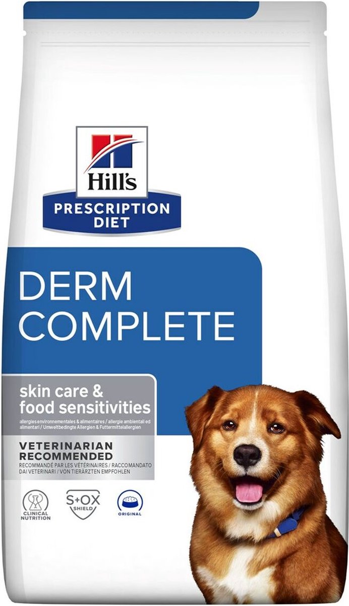 Hill's Prescription Diet Derm Complete – Hundefutter – 12 kg – Unterstützung bei Hautallergien und Nahrungsmittelüberempfindlichkeit – für mittelgroße bis große Rassen