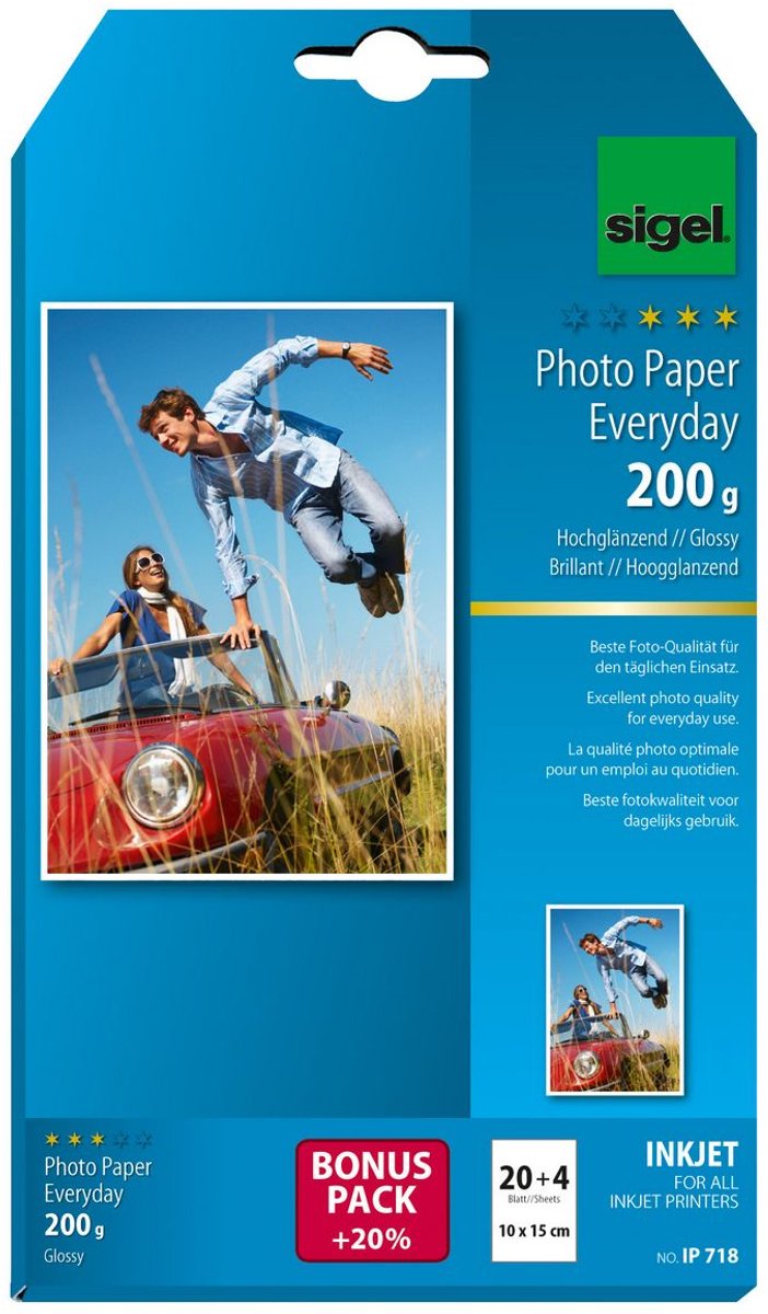 Sigel Inkjet-Fotopapier – Everyday Plus – 10 x 15 cm – Hochglanz – 200 Gramm – 24 Blatt – Si-IP718